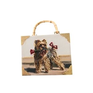 Bueno Wearable Art Cigar Box Dog Print Handbag with Gold Accents